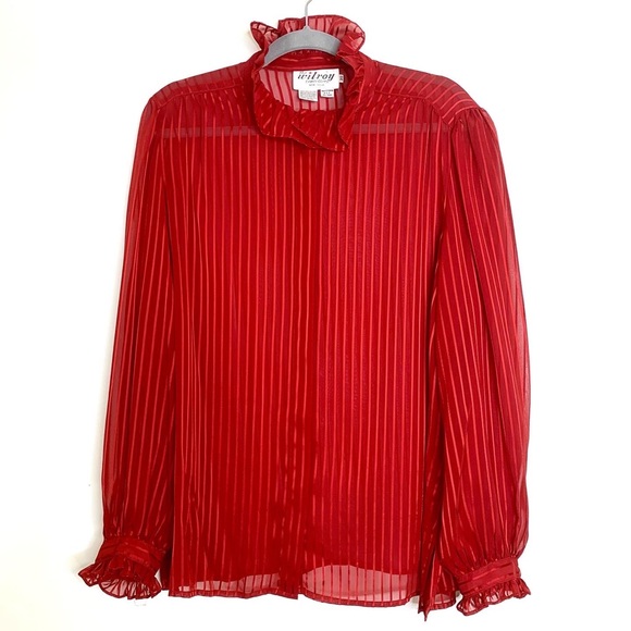 Vintage Red Blouse Sheer Pinstripe Ruffled Neck & Cuffs Christmas Valentine’s - Picture 10 of 11
